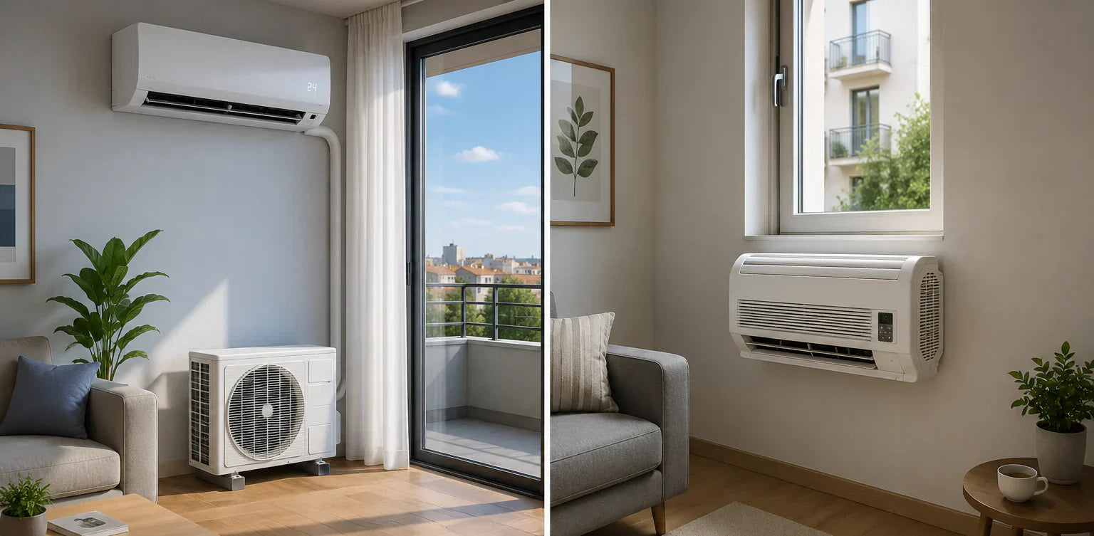 Confronto visivo tra un climatizzatore split con unità esterna installato su balcone e un monoblocco senza unità esterna a parete in un appartamento moderno