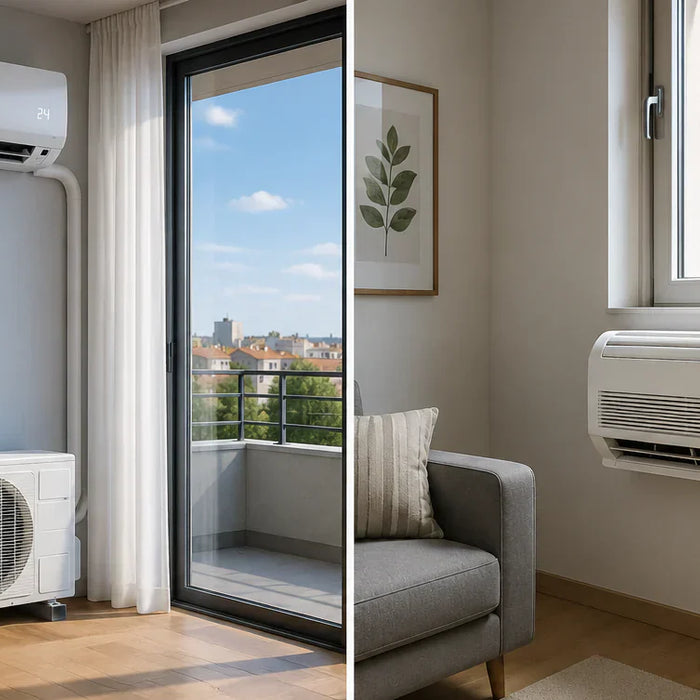 Confronto visivo tra un climatizzatore split con unità esterna installato su balcone e un monoblocco senza unità esterna a parete in un appartamento moderno