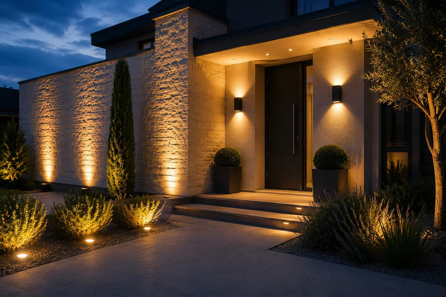 Facciata di casa illuminata di sera con faretti da terra orientati verso l'alto e applique da parete ai lati dell'ingresso