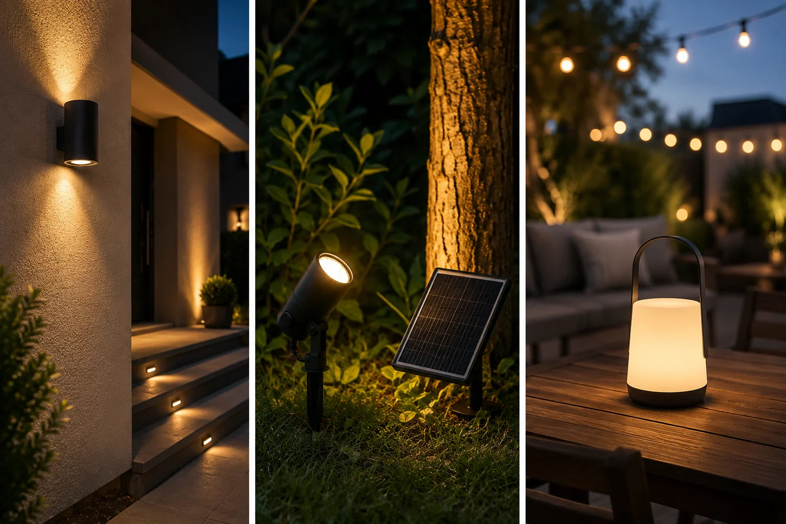 Tre tipologie di lampade da esterno a confronto: lampada cablata su facciata, faretto solare su picchetto e lampada ricaricabile a batteria su tavolo da giardino