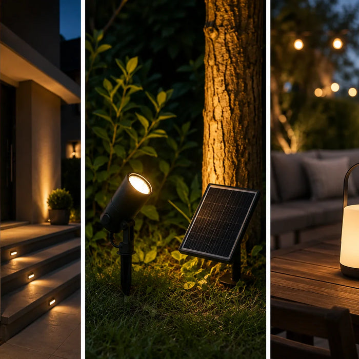 Tre tipologie di lampade da esterno a confronto: lampada cablata su facciata, faretto solare su picchetto e lampada ricaricabile a batteria su tavolo da giardino