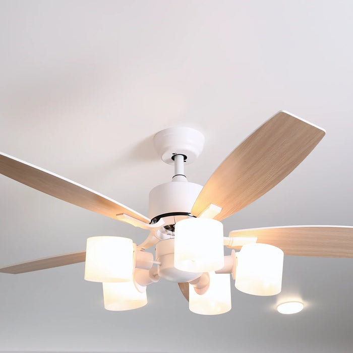 Ventilatore da soffitto silenzioso con luce LED integrata in un soggiorno moderno