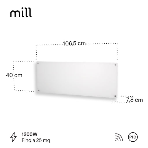 Termoconvettore a Parete Mill Glass 1200 W Wi-Fi con Frontale in Vetro – GL1200WIFI3