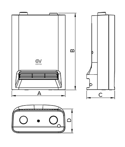 Vortice Caldomi Evo - disegno con le misure: 27 x 38,9 x 13,8 cm