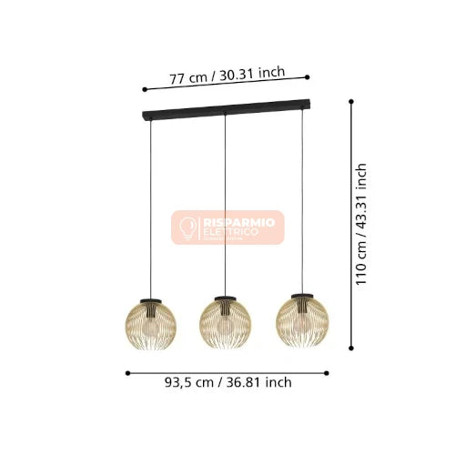 LAMPADA A SOSPENSIONE EGLO VENEZUELA 3‑LUCI – NERO & ORO, FILO TESSILE