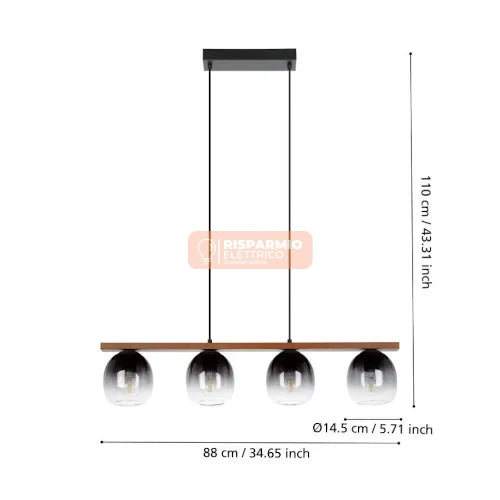 SOSPENSIONE EGLO FILAGO 4×E27 – LEGNO NOCE & VETRI SFUMATI NERO‑GRIGIO Ø88 CM