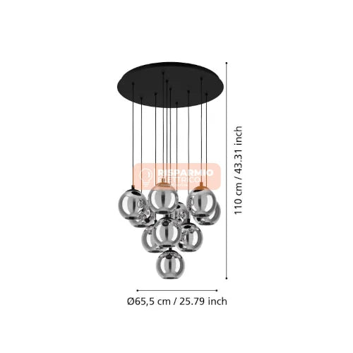 LAMPADARIO EGLO ARISCANI 10‑LUCI Ø65,5 CM – VETRO FUMÉ NERO
