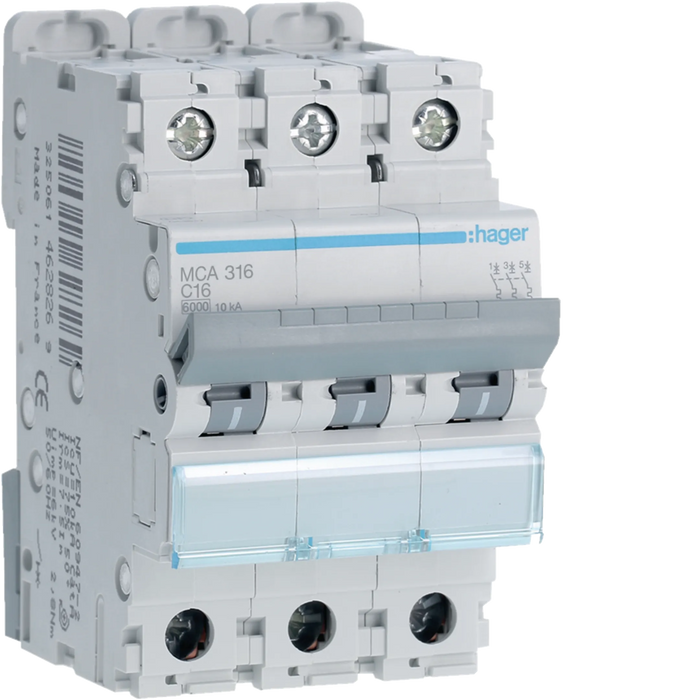 INTERRUTTORE AUTOMATICO MAGNETOTERMICO HAGER 3P 6KA CURVA C 3 MODULI DIN