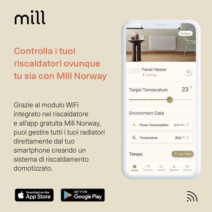 Termoconvettore Mill Invisible Gen 4 Nero 1500 W con Piedini Integrati – PA1500WIFI4ABLACK