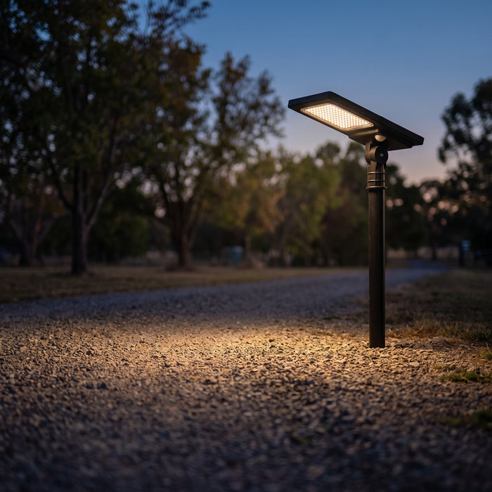 Lampione LED Ibrido Solare Arteleta SJH40 40W 6600lm IP65 con Telecomando, acceso lungo il viale, alla sera