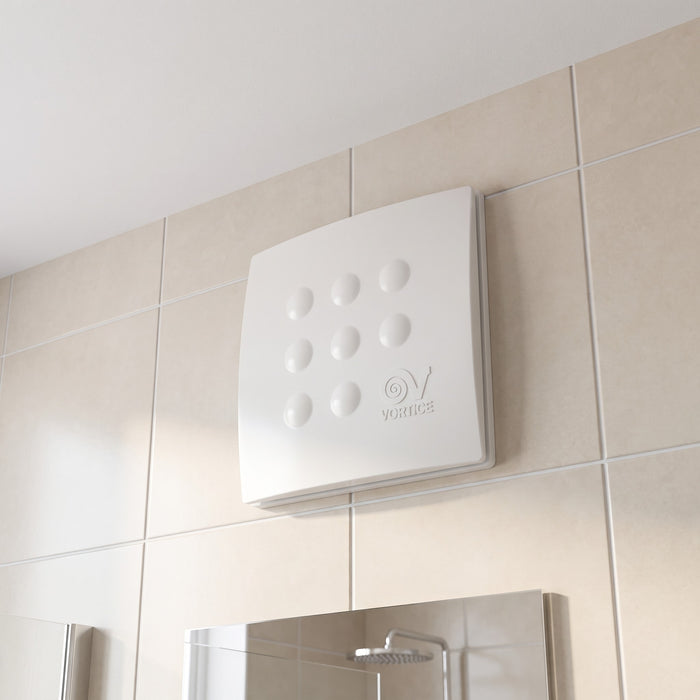 Aspiratore centrifugo da condotto Vortice Medio T, installato a parete in bagno