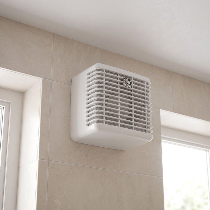 Aspiratore centrifugo da condotto Vortice Vort Press 110 LL, installato a parete in bagno