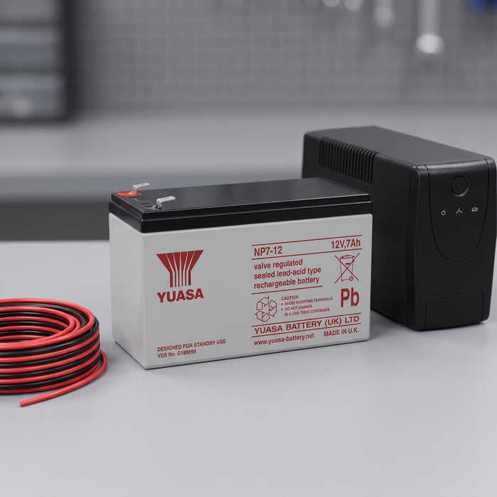Batteria al piombo sigillata Yuasa NP7-12 12V 7Ah, accanto a un gruppo di continuità