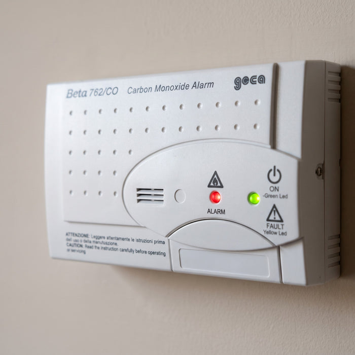 Rilevatore di Monossido di Carbonio Geca Beta CO, dettaglio del pannello con i LED ALARM e ON