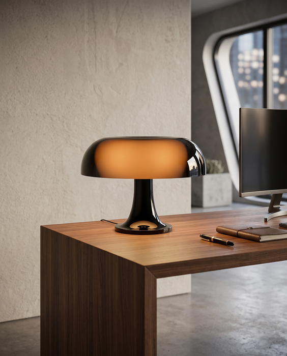 Lampada da Tavolo Artemide Nessino Nera accesa su scrivania di design