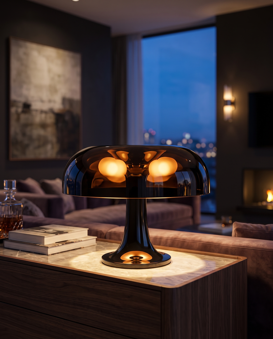 Lampada da Tavolo Artemide Nessino Nera accesa su console in soggiorno