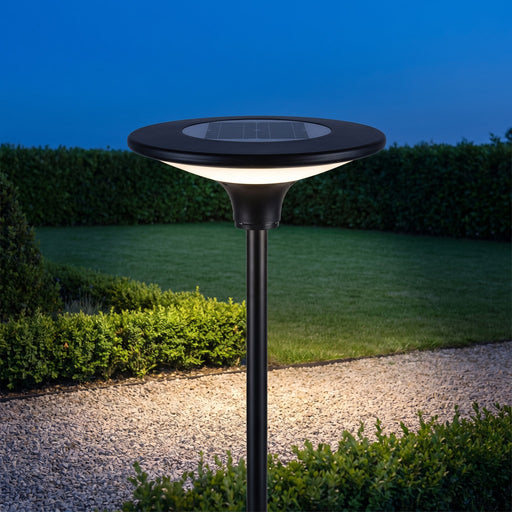 Lampione solare da giardino Elcart E-Flower, acceso su palo lungo un vialetto in giardino