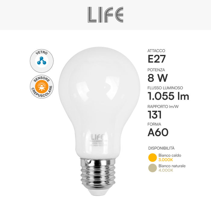 Life lampadina LED E27 8W goccia A60 filament vetro bianco sensore crepuscolare 4000K - 39.920366SNM