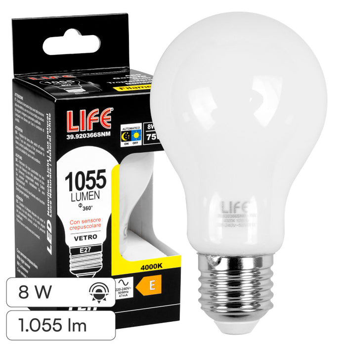 Life lampadina LED E27 8W goccia A60 filament vetro bianco sensore crepuscolare 4000K - 39.920366SNM