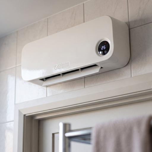 Termoventilatore Ceramico da Parete Olimpia Splendid Caldo Sky Wi-Fi Programmabile, in alto sulla parete del bagno