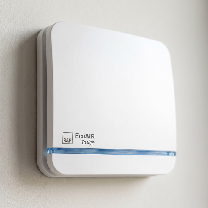 Estrattore da Bagno Soler & Palau EcoAir Design EcoWatt H, dettaglio del frontalino e della striscia azzurra