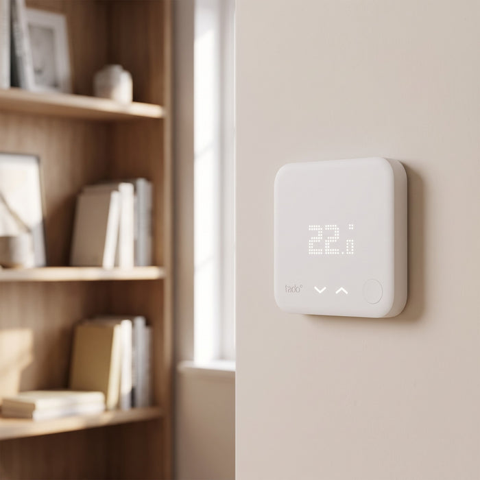 Sensore di Temperatura Wireless Tado, in soggiorno, vicino alla libreria