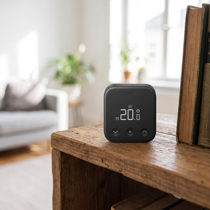 Sensore di Temperatura Wireless Tado Serie X, appoggiato su una mensola in soggiorno