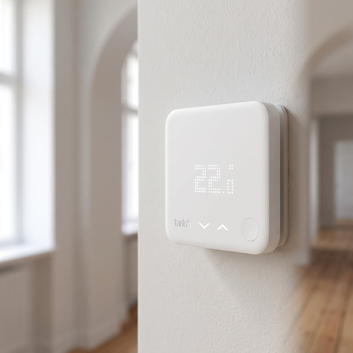 Termostato Cablato Tado V3+ Kit di Base Smart Bianco/Nero, sulla parete, di tre quarti