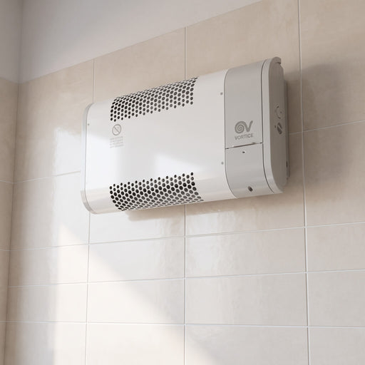 Termoventilatore da parete Vortice Microrapid T 1500-V0, installato a parete in bagno