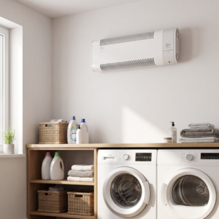 Termoventilatore da parete Vortice Microrapid T 2000-V0, installato in lavanderia